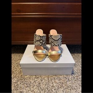 Shoe Dazzle Gold and Pink Snake Print Heeled Sandals